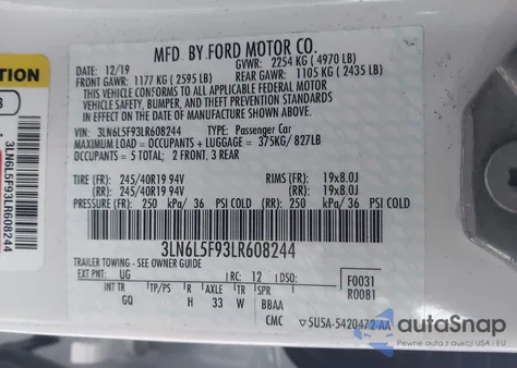 2020 Lincoln Mkz Reserve from USA, damaged, VIN 3LN6L5F93LR608244